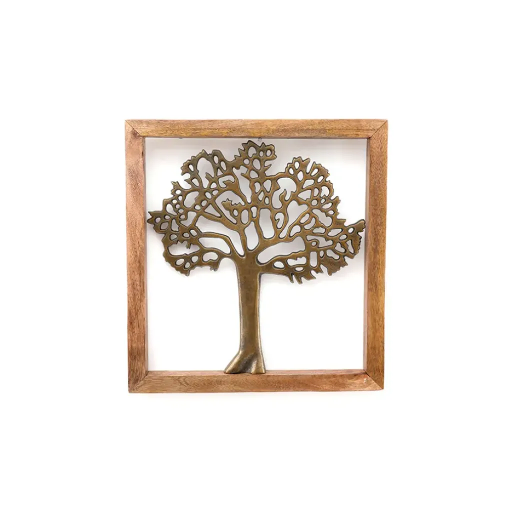 Fabrique de Styles Cadre arbre de vie laiton et bois de manguier 37x37cm* Déco À Suspendre Et Adhésive