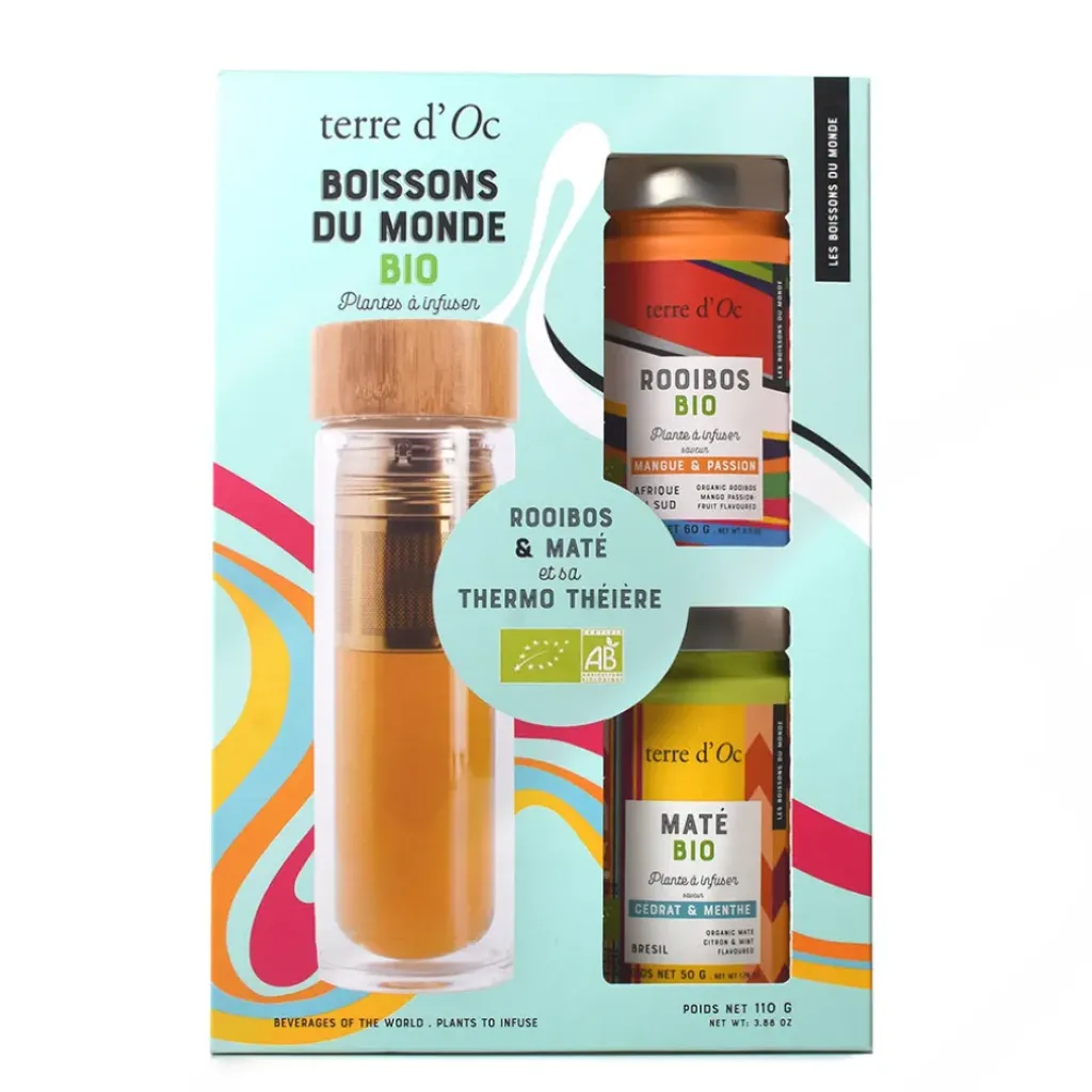 Fabrique de Styles Coffret thé, maté et rooibos mangue passion avec gourde en verre* Cafés, Thés Et Infusions