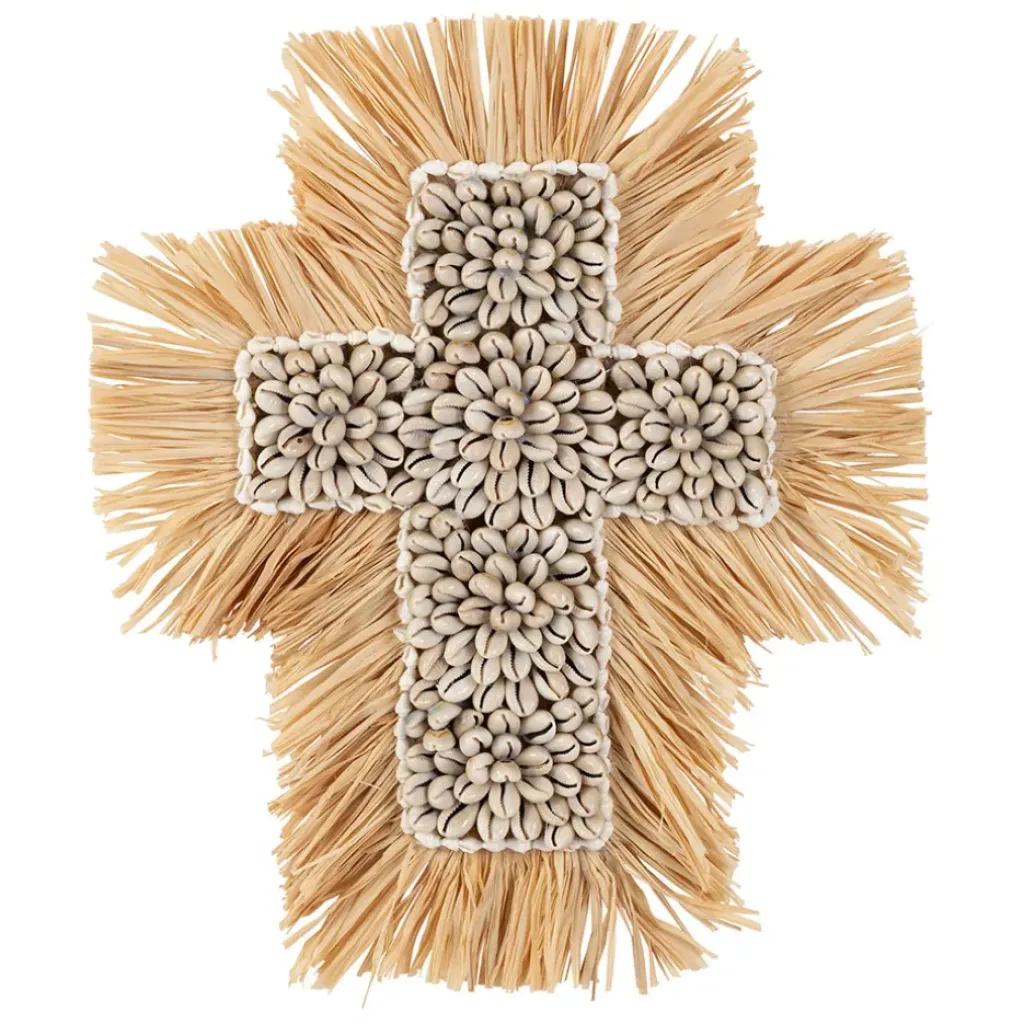 Fabrique de Styles Deco murale croix en raphia et coquillage naturel et blanc - Cauri* Déco À Suspendre Et Adhésive