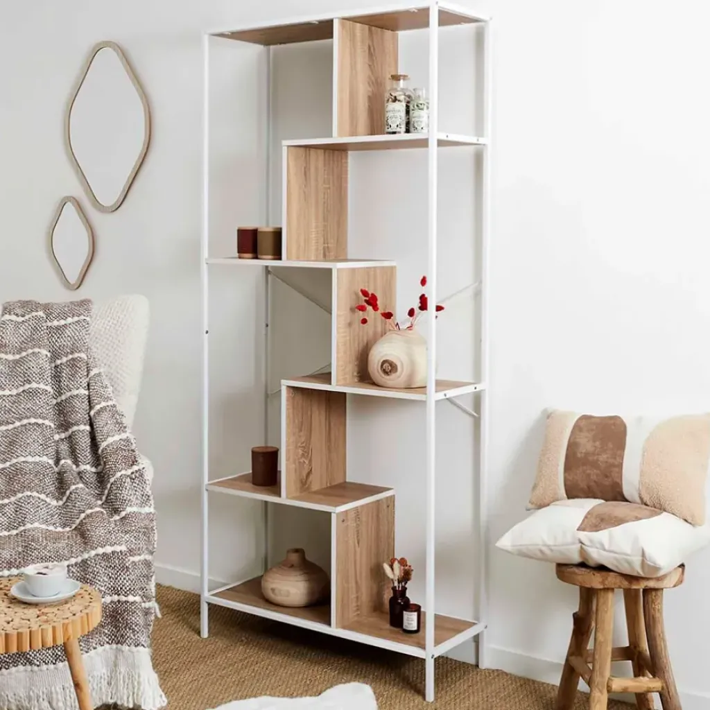 Fabrique de Styles Etagère en métal blanc et bois naturel h180cm - Edgard* Bibliothèques Et Étagères