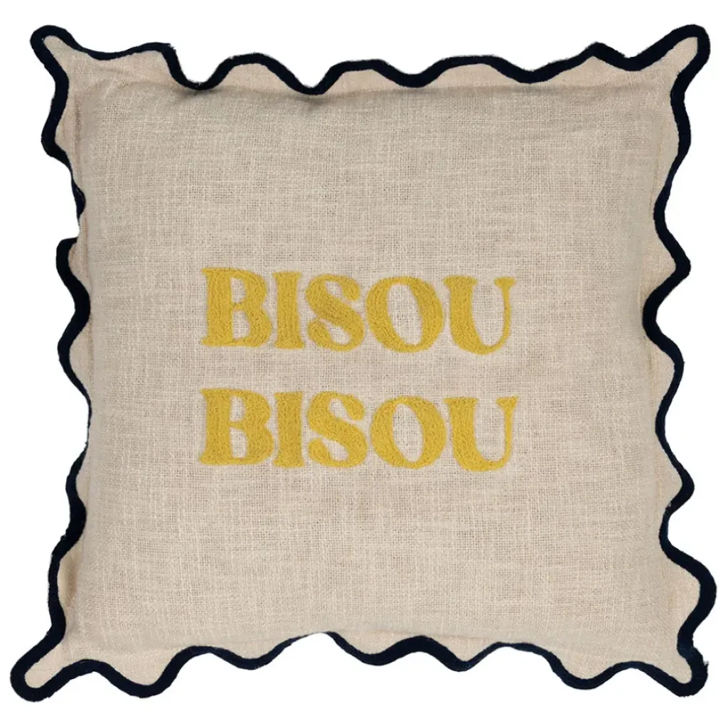 Fabrique de Styles Housse de coussin brodée bisou en coton jaune et bleu 45x45cm - Lumi* Coussins Et Housses