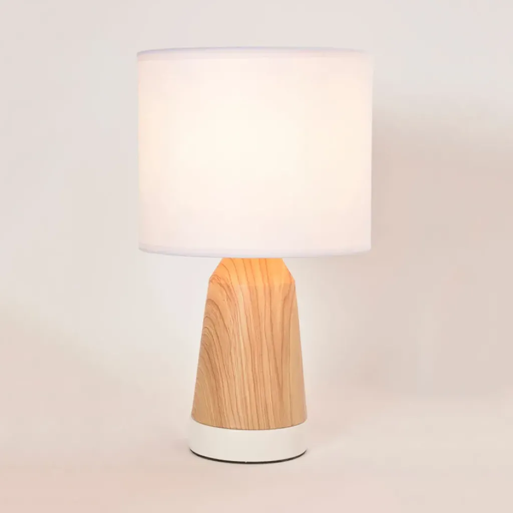 Fabrique de Styles Lampe touch métal effet bois et coton blanc h33cm - Baltik* Lampes À Poser