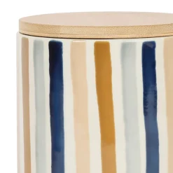 Fabrique de Styles Pot x2 avec couvercle en bambou rayé bleu et beige en grès - blue sand* Pots Et Bocaux