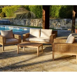 Fabrique de Styles Salon de jardin 4 places en cannage et acacia brossé et coussins beige - Olinda*Enfant Salons De Jardin|Jardin
