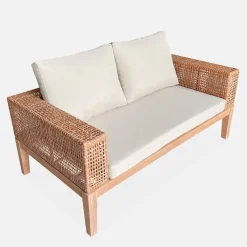 Fabrique de Styles Salon de jardin 4 places en cannage et acacia brossé et coussins beige - Olinda*Enfant Salons De Jardin|Jardin