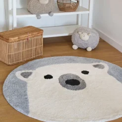 Fabrique de Styles Tapis rond ours tufté en coton banc et bleu d120cm - Banquise*Enfant Déco
