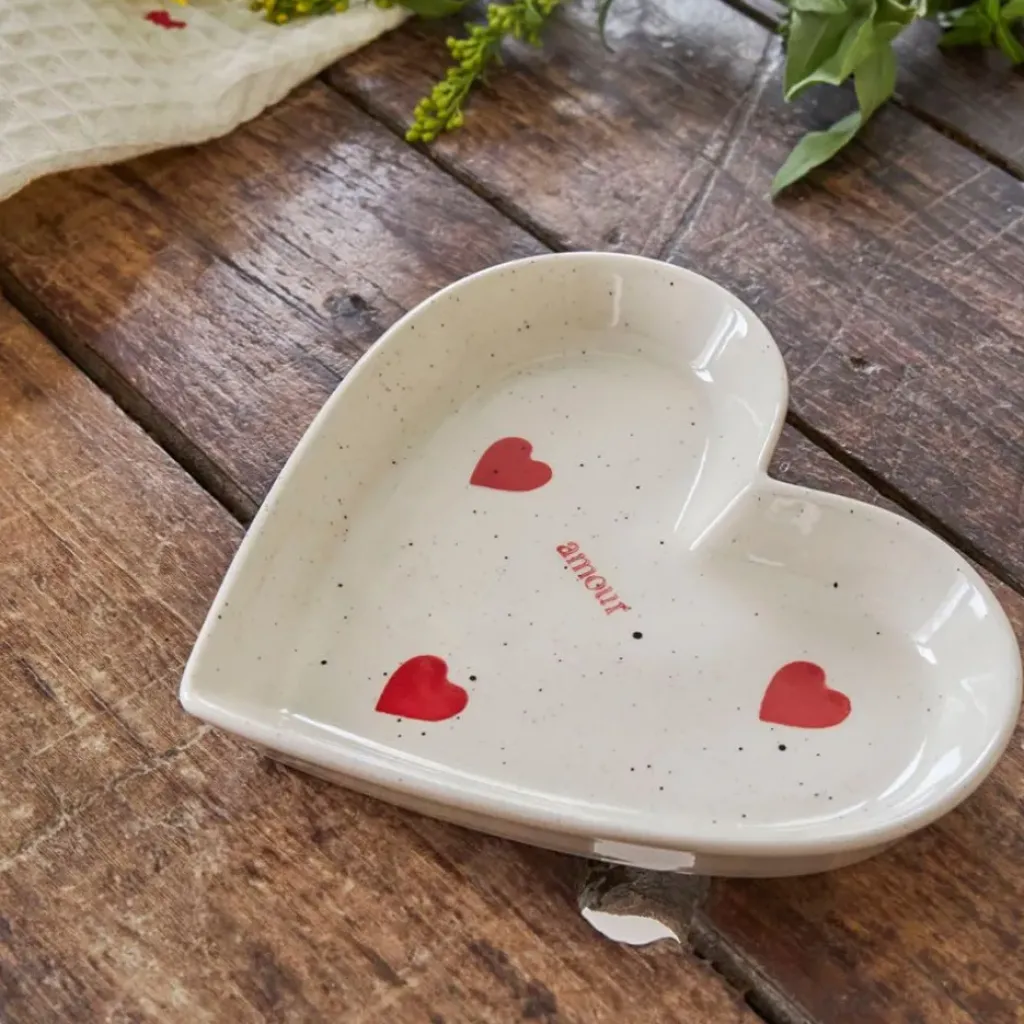 Fabrique de Styles Vide poche cœur en grès et rouge moucheté - Famille* Petits Objets Déco